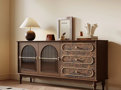 Elegant Retro Wooden Sideboard Cabinet With Arched Glass Doors And Patterned Drawers For Home Storage 3d model