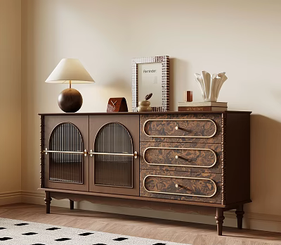 Elegant Retro Wooden Sideboard Cabinet With Arched Glass Doors And Patterned Drawers For Home Storage 3d model