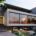 Modern Detached Villa Featuring Large Glass Windows Garage And Lush Greenery