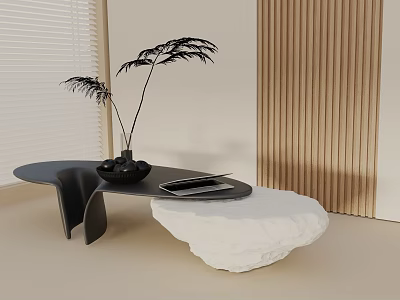 Modern Black Coffee Table With Stone Base Potted Plant And Tablet On Wooden Wall Background 3d model