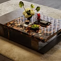 Elegant Modern Coffee Table with Patterned Surface Floral Arrangement Green Plant and Tray on Beige Rug Wooden Floor
