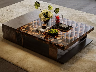 Elegant Modern Coffee Table with Patterned Surface Floral Arrangement Green Plant and Tray on Beige Rug Wooden Floor 3d model