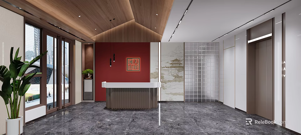 Modern Elevator Lobby Interior Design With Red Wall Wooden Ceiling And Marble Floor 3d model