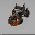 Custom Built Spiked Metal Vehicle With Large Off Road Tires Exhaust Pipes And Orange Stripes