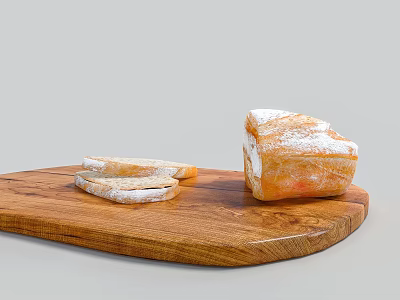 Whole and Sliced Bread with Powdered Surface on Wooden Board 3d model
