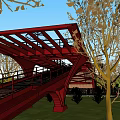 Red Bridge Architectural Design With Road River Grassland Trees And Red Car