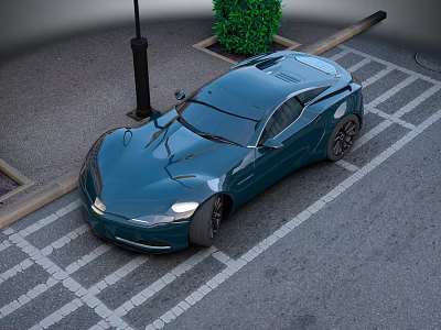 Blue Sports Car Parked in Parking Space With Green Plants and Street Lamp 3d model