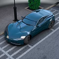 Blue Sports Car Parked in Parking Space With Green Plants and Street Lamp