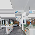 Spacious Digital Store Interior With Glass Display Counters Hanging Billboards And Tech Products 3d model