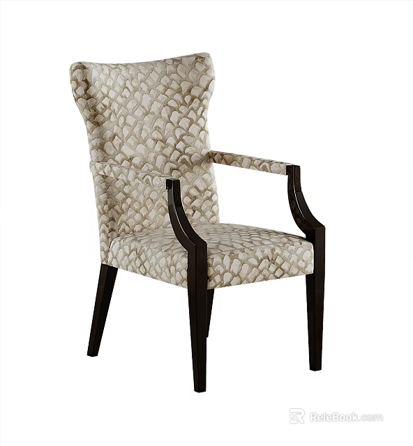 Modern Elegant Armchair With Patterned Fabric Upholstery And Dark Wooden Legs 3d model 