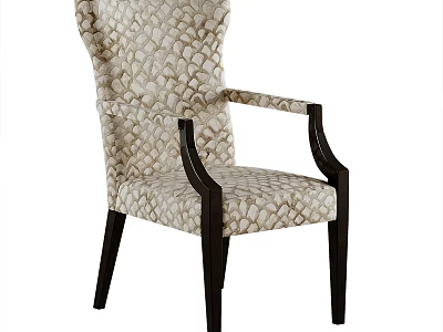 Modern Elegant Armchair With Patterned Fabric Upholstery And Dark Wooden Legs 3d model