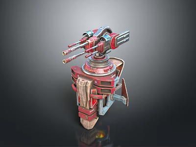 Futuristic Multi Barrel Turret Weapon With Red Blue Mechanical Structure And Stand Base 3d model