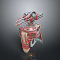 Futuristic Multi Barrel Turret Weapon With Red Blue Mechanical Structure And Stand Base 3d model