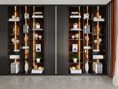 Modern Wooden Bookcase With LED Lighting Layered Shelves Decorative Items Green Plants And Books 3d model