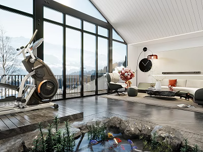 Bright Modern Living Room With Large Floor Windows Mountain View And Integrated Home Fitness Space 3d model