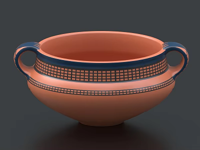 Coral Ceramic Bowl With Blue Rim Grid Pattern And Two Handles 3d model