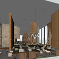 Modern Restaurant Interior With Wooden Structures Hanging Lights Dining Tables Chairs And Buffet Counter