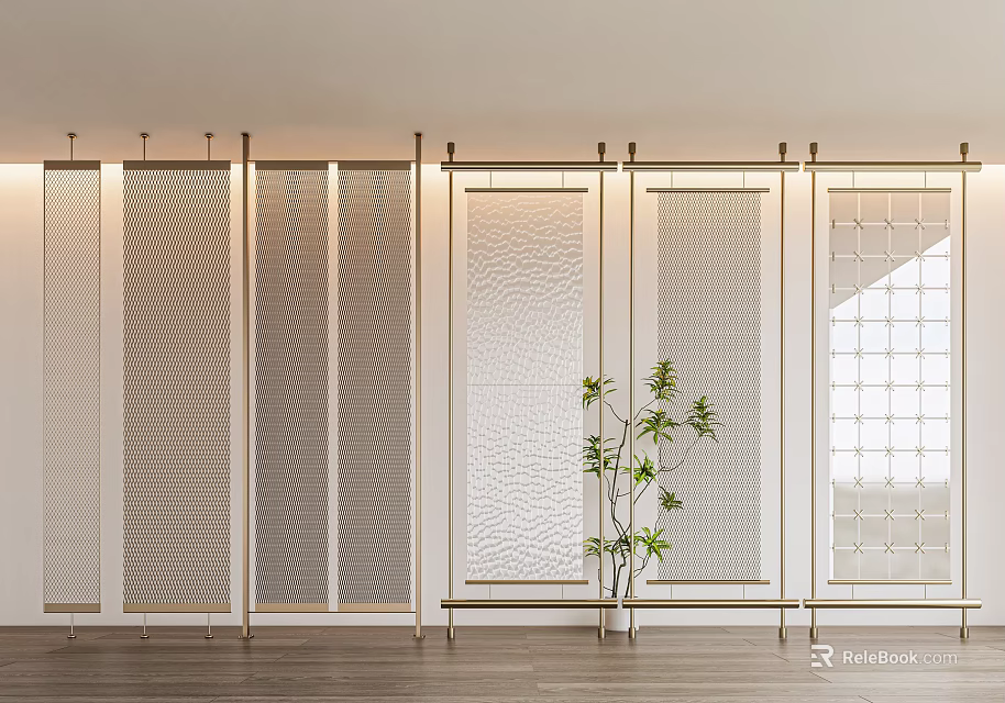 Modern Partition Screen With White Textured Panels And Golden Frames In Interior Design 3d model 