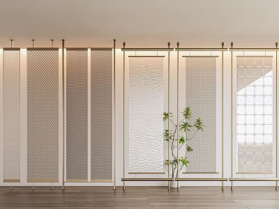 Modern Partition Screen With White Textured Panels And Golden Frames In Interior Design 3d model