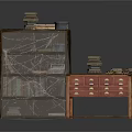 Old Wooden Bookshelf With Spider Webs And Stacked Books Next To Drawer Cabinet