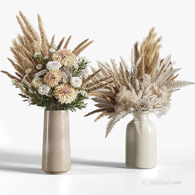 Two Vases With Fresh Flowers And Dried Plants 3d model 