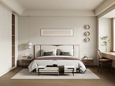 Minimalist Bedroom Interior With Bedside Artwork Circular Wall Decor Nightstands Desk And Green Plant 3d model