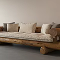 Rustic Three Seater Sofa With Log Frame And Beige Cushions