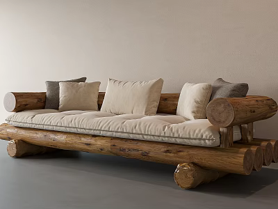 Rustic Three Seater Sofa With Log Frame And Beige Cushions 3d model