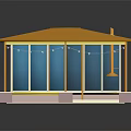 Cartoon Style Pavilion Scene With Yellow Roof Transparent Blue Windows And Pink Base