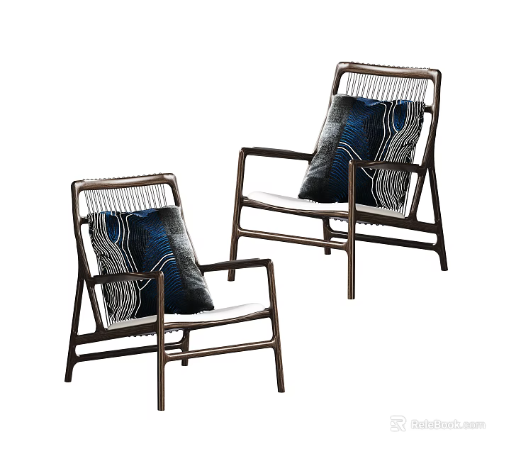 Two Leisure Chairs with Metal Frame Woven Backrest Blue White Patterned Cushions Light Seat 3d model 