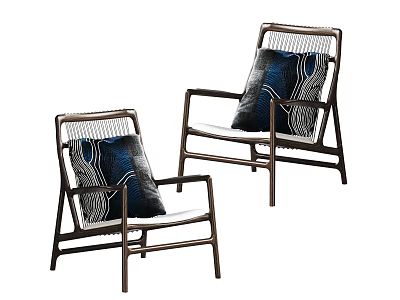 Two Leisure Chairs with Metal Frame Woven Backrest Blue White Patterned Cushions Light Seat 3d model