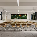 Well Lit School Classroom With Desks Chairs Windows And Blackboard