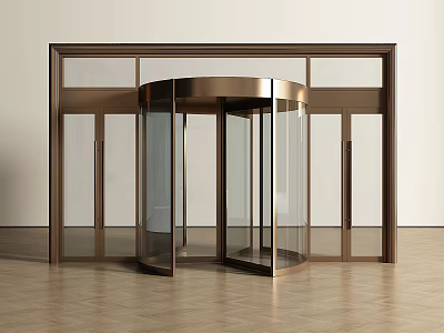 Modern Revolving Door With Brass Frame And Glass Panels In Wooden Floor Entrance 3d model