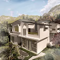Modern Vacation Home With White Exterior Large Windows Arched Design Palm Trees And Stone Pathway