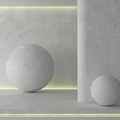 Minimalist Concrete Wall Display With Two White Spheres And Yellow Lighting