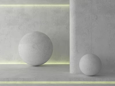 Minimalist Concrete Wall Display With Two White Spheres And Yellow Lighting 3d model