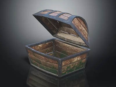 Vintage Wooden Storage Chest With Open Lid And Metal Trim Distressed Green Finish 3d model