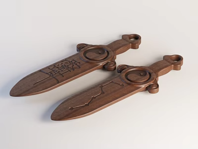 Two Handcrafted Wooden Swords With Intricate Carved Patterns And Decorative Accents 3d model