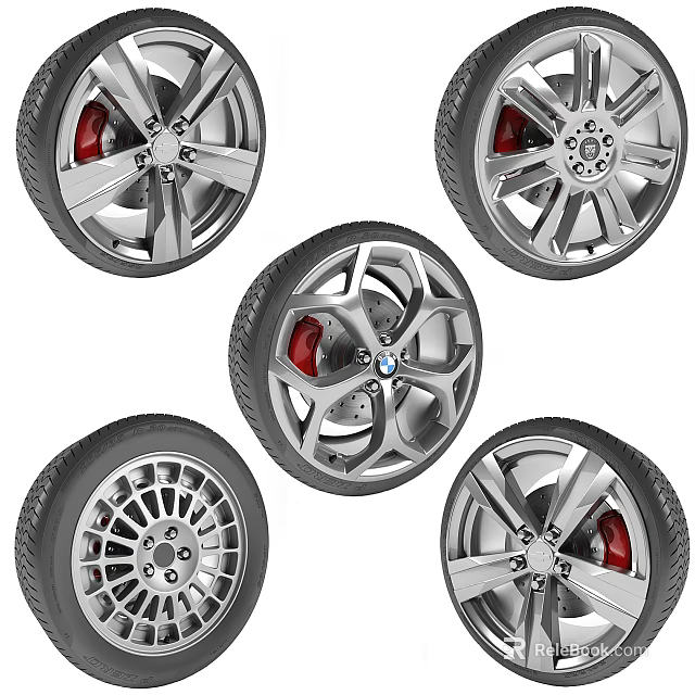 Multiple Car Tires With Silver Alloy Wheels And Red Brake Calipers Designs 3d model