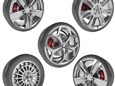 Multiple Car Tires With Silver Alloy Wheels And Red Brake Calipers Designs 3d model