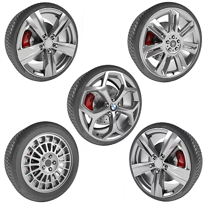 Multiple Car Tires With Silver Alloy Wheels And Red Brake Calipers Designs 3d model Multiple Car Tires With Silver Alloy Wheels And Red Brake Calipers Designs 3d model