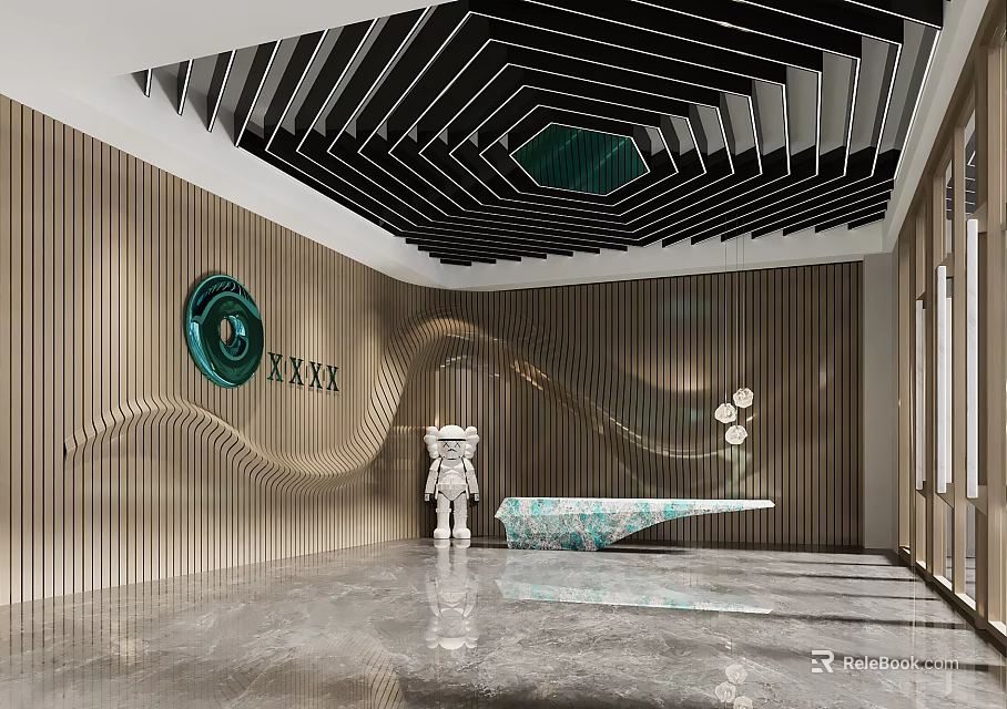 Elegant Modern Reception Desk With Geometric Ceiling Wave Wall And Marble Floor 3d model
