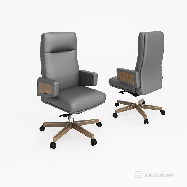 Comfortable Gray Leather Office Chair With Wooden Armrests And Five-Pointed Casters 3d model 