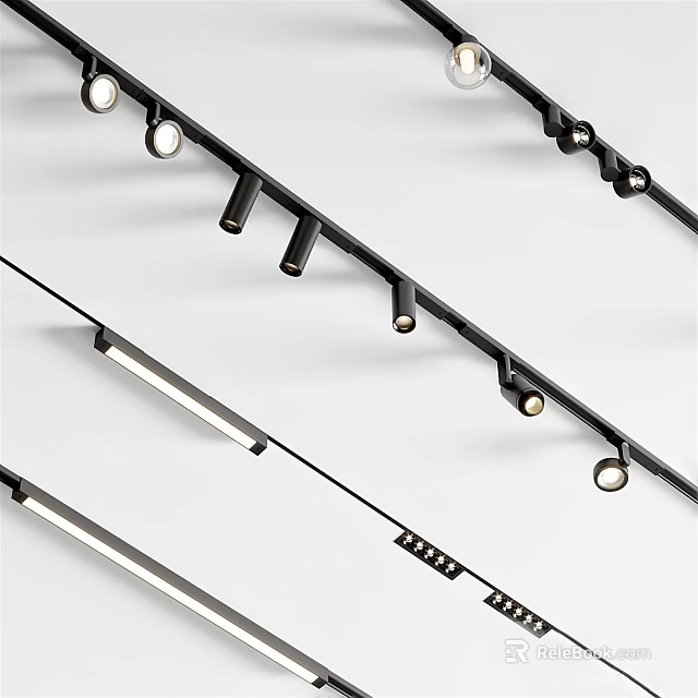Sleek Modern Black Track Mounted LED Downlights And Spotlights For Ceiling Lighting 3d model 