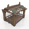 Realistic Style Wooden Shed Wooden Structure Canvas Top Rope Hanging Wooden Floor Striped Decorative Shed Frame House House House Residential House