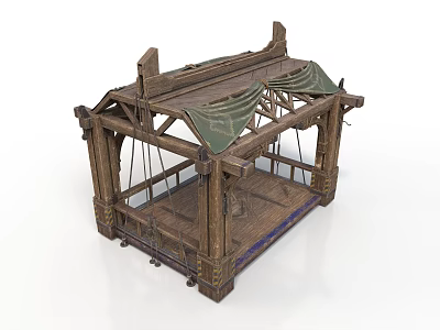 Traditional Wooden Platform Structure With Green Fabric Canopy Purple Mat And Decorative Details 3d model