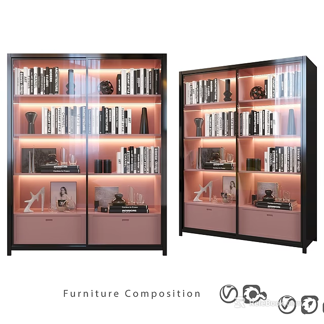 Glass Door Display Storage Cabinet with Black Frame Pink Interior Books and Decorative Items 3d model 