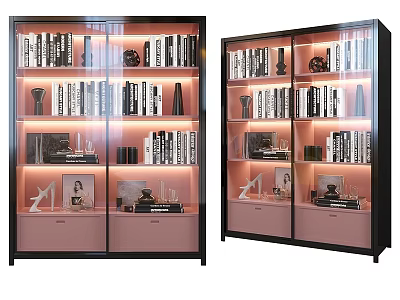 Glass Door Display Storage Cabinet with Black Frame Pink Interior Books and Decorative Items 3d model