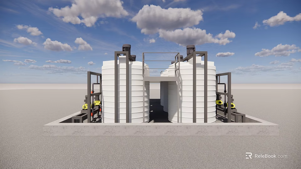 Industrial Equipment With Large White Storage Tanks Metal Frames And Platforms Against Blue Sky 3d model 