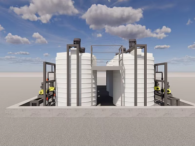 Industrial Equipment With Large White Storage Tanks Metal Frames And Platforms Against Blue Sky 3d model